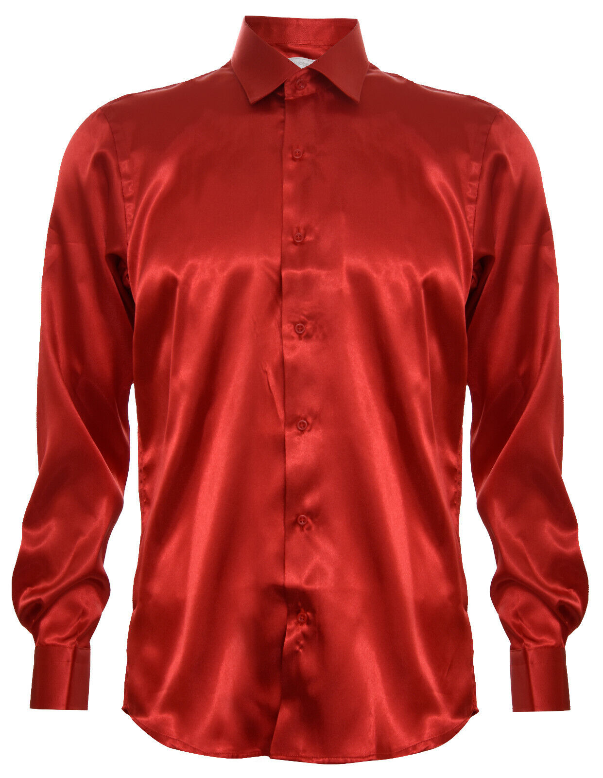 Mens Red Satin Silk Shirt Smart Casual Button Down Cuff Tailored Fit