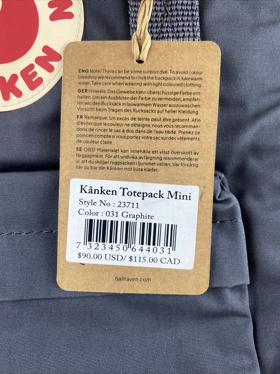 Fjallraven Unisex Black Kanken Totepack Mini Style 23711 11”x12