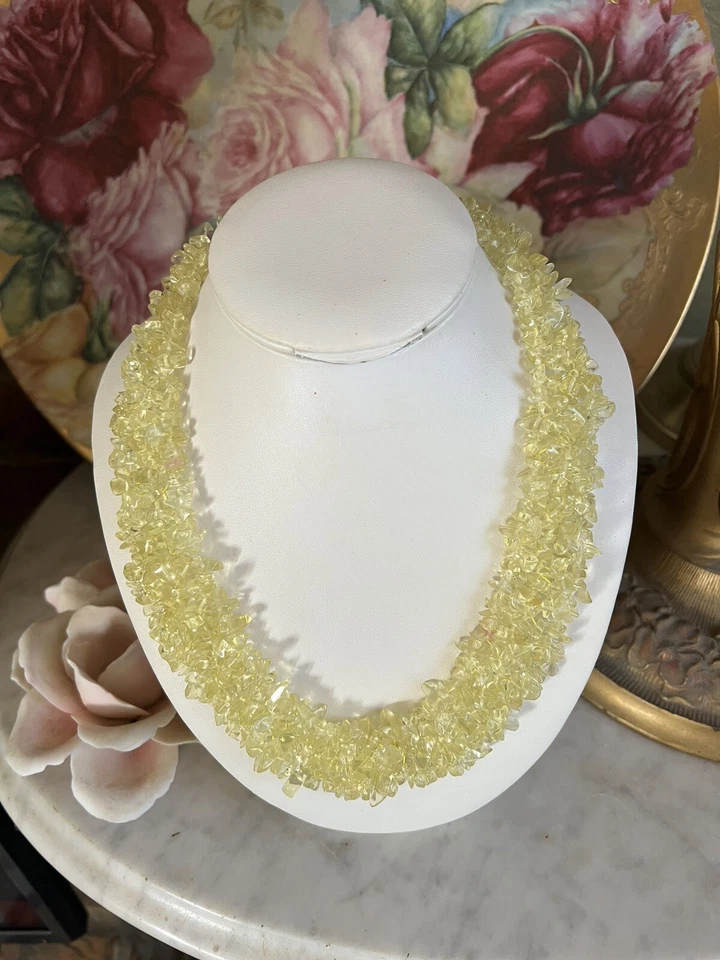 Beautiful Multi Strand Yellow Citrine Quartz Chips Bib Collar Statement Necklace