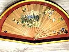 ANTIQUE EUROPEAN H/PAINTED ON SUEDE HAND FAN w/SERAMIC FLOWERS SIGNED "DE"FRAMED