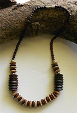 VINTAGE HAND-MADE LIGHT DARK WOOD ROUND DISK BEAD 17" BOHO STYLE NECKLACE