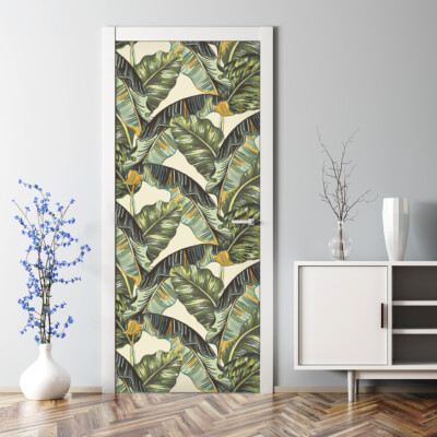 Palm Leaves Bubble Free | Exotic Wall Art | Vector Seamless pattern Door Decal