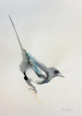Magpie, Birds, Watercolor artwork, Handmade, Original painting on paper