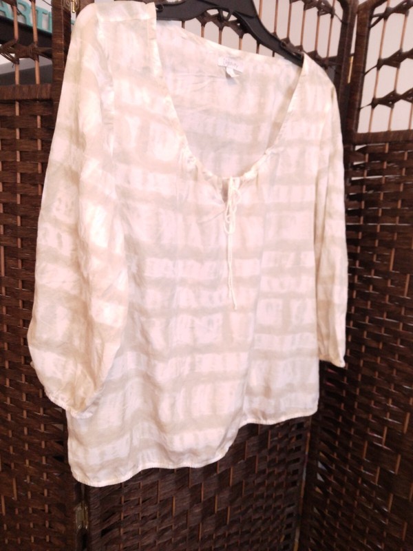 WOMENS RELATIVITY XL SEMI SHEER WHITE KHAKI 3/4 SLEEVE PULLOVER PEASANT BLOUSE