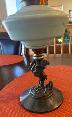 Antique Ornate Painted Milk Glass Lamp w Detailed Silver Plate Bird Figural Base