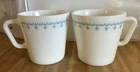 2 VTG Pyrex Milk Glass Mugs #1410 Snowflake Garland EUC "D" Handle, 8oz