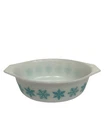 Vintage Pyrex 045 Oval Casserole Snowflake Pattern White Turquoise 2.5qt No Lid