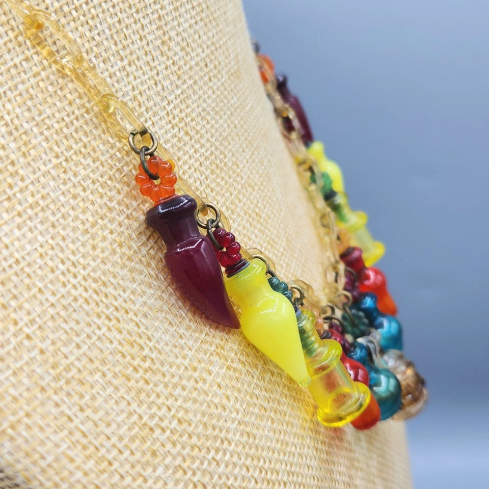 1930s Unsigned Haskell Multi Color Glass Vial Bottle Celluloid Chain Necklace - Image 4 of 4