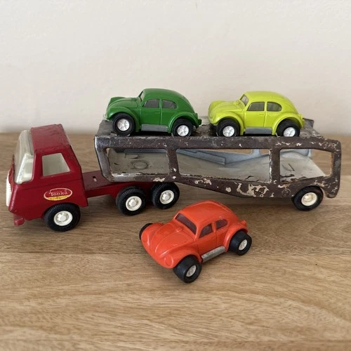 VINTAGE TOY 1970s Mini TONKA Car Carrier Set 55010 w/ 3 Original VW Beetle Cars