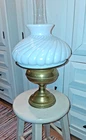 1890's Bradley & Hubbard (B&H) Brass Oil Lamp, Milk Glass Swirl Shade, Chimney