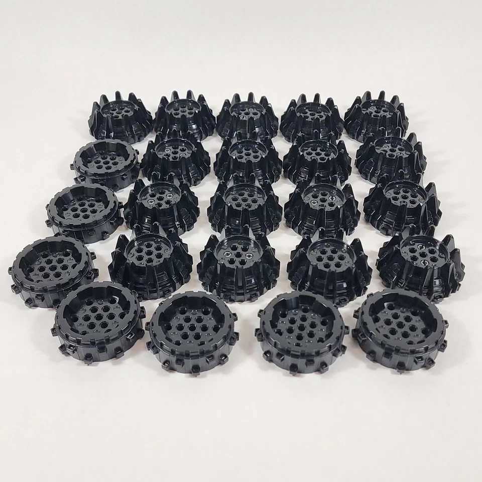 26X LEGO Black Hard Plastic Wheels Small Cleats Flanges Parts Lot 64711 64712 - Image 2 of 4