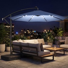 Outsunny 10 ft Offset Cantilever Patio Umbrella w/ Light, Weight, Dark Blue