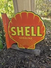 LARGE VINTAGE SHELL GASOLINE  DOUBLE-SIDED  PORCELAIN FLANGE SIGN 17" X 17"