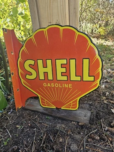 LARGE VINTAGE SHELL GASOLINE  DOUBLE-SIDED  PORCELAIN FLANGE SIGN 17" X 17"