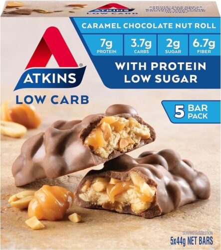 Atkins Low Carb Caramel Chocolate Nut Roll 5 x 44g Bars P7.3G C3.7G S2.1G F6.6G - Picture 1 of 6