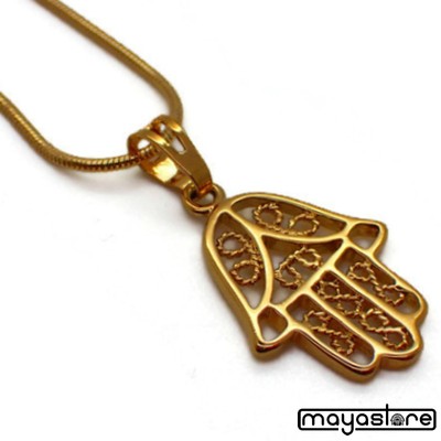 FATIMAS HAND HALSKETTE HAMSA GOLD ANHÄNGER GLÜCKSBRINGER TALISMAN FATMA AMULET