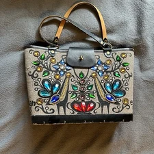 Vtg Enid Collins Bucket Purse Pavan 3 Jewels Pheasant Peacock Wood Base Bag MCM