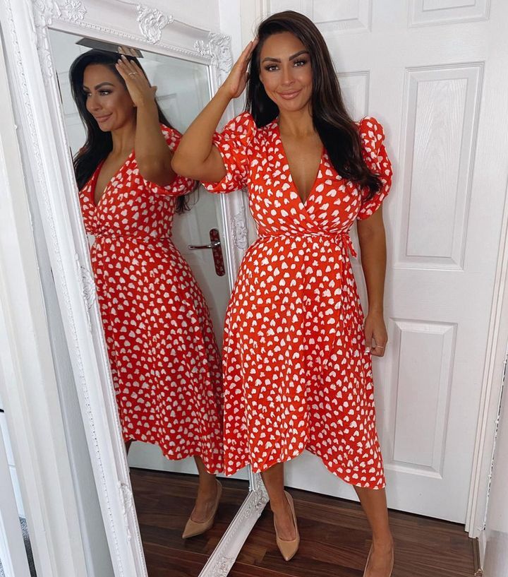 AX PARIS Red White Heart Print Puff Sleeve Split Midi Dress size