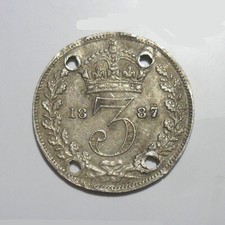 3d 1887 VICTORIA COIN 925 STERLING SILVER THREE PENCE THREEPENNY PIECE PIERCED