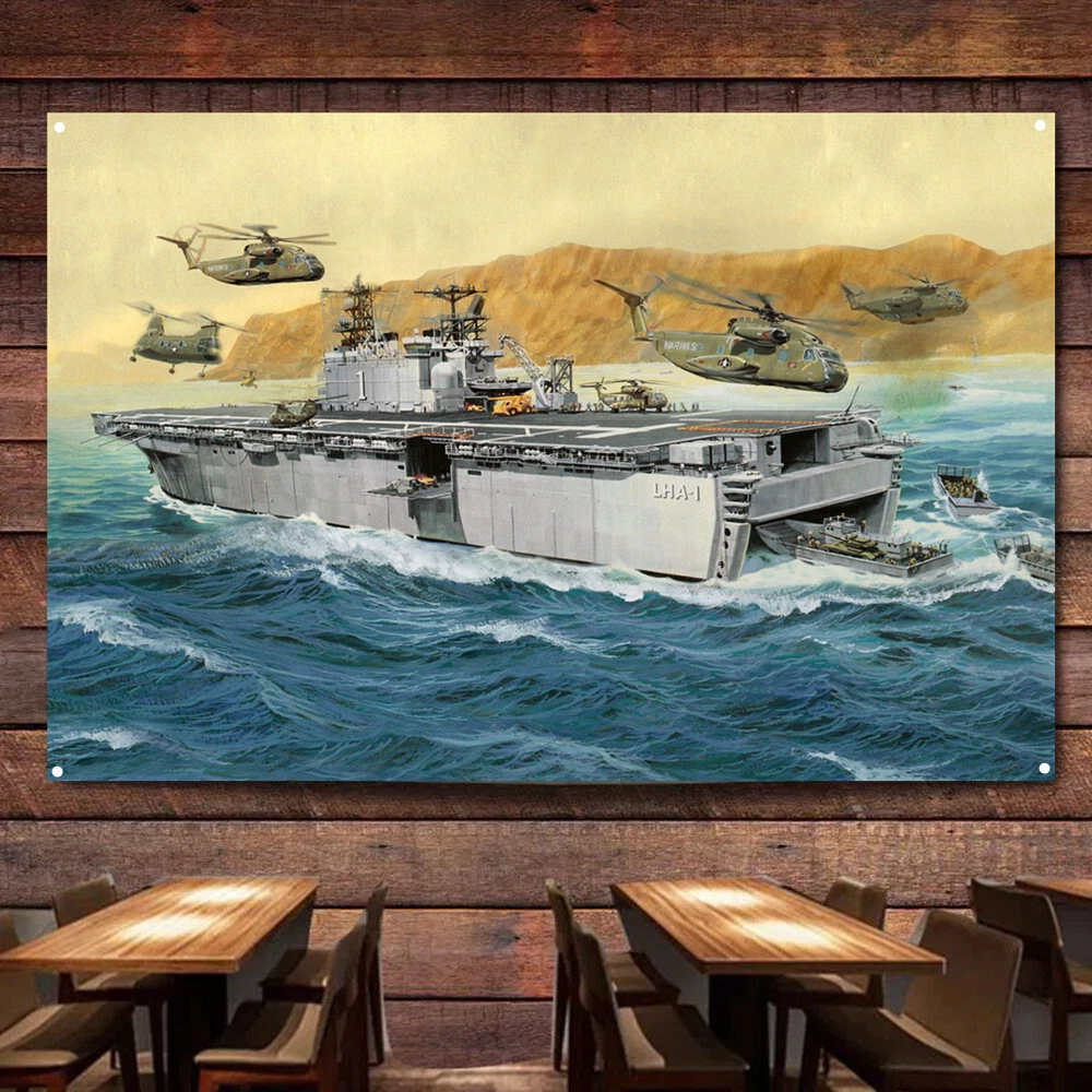 Assault Ship USS Tarawa LHA-1 Wall Art Poster Warship Military Flag Decor Banner