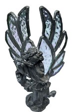 Standing Angel with Ribbon Hand Cast metal Sculpture with staying glass wings