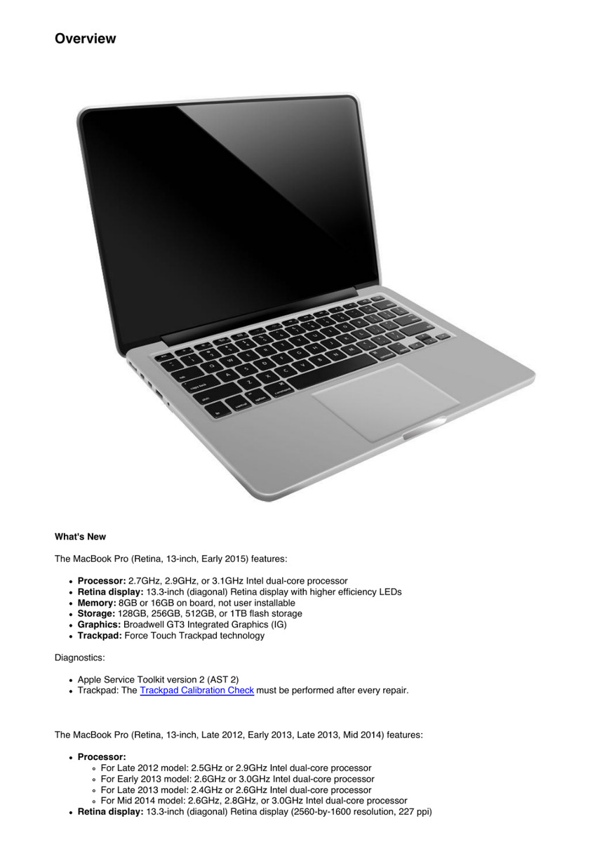 Apple MacBook Pro 13-inch Early 2015 Retina Technician Guide Service Manual