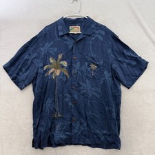 Paradise Found Shirt Men L Blue Hawaiian Palm Trees Embroider Loop Collar Rayon