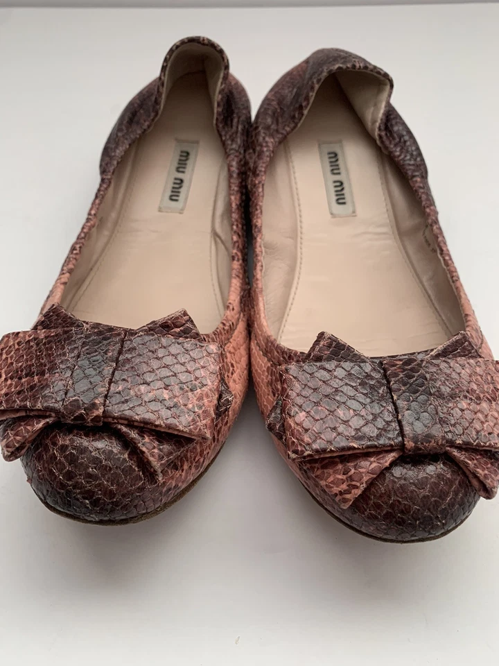 Miu Miu Brown Pink Leather Python Embossed Ombre Ballet Flats w/ Bow Size 37 - Image 3 of 4