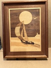 Wood inlay picture sailboat full moon on lake 15 x 12