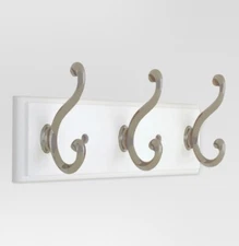 Threshold Wall Hook Coat Rail 3 Scroll White and Satin Nickel Finish