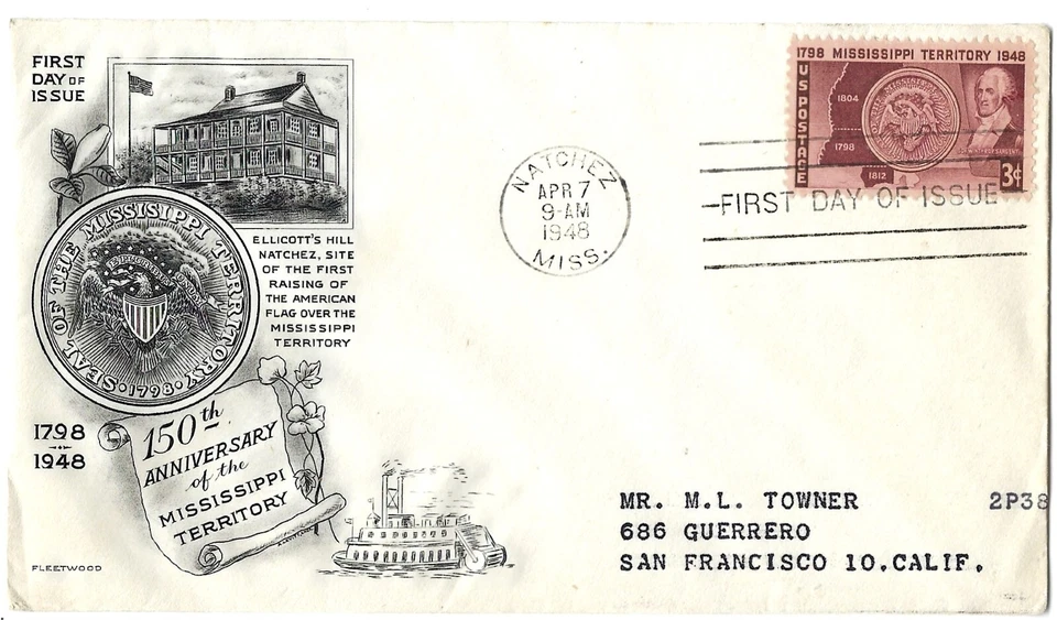 3 '48 FDCs 150 Mississippi Terr. SC#955, Disc. Gold SC#954, 1st Gov. Puerto Rico - Image 2 of 3