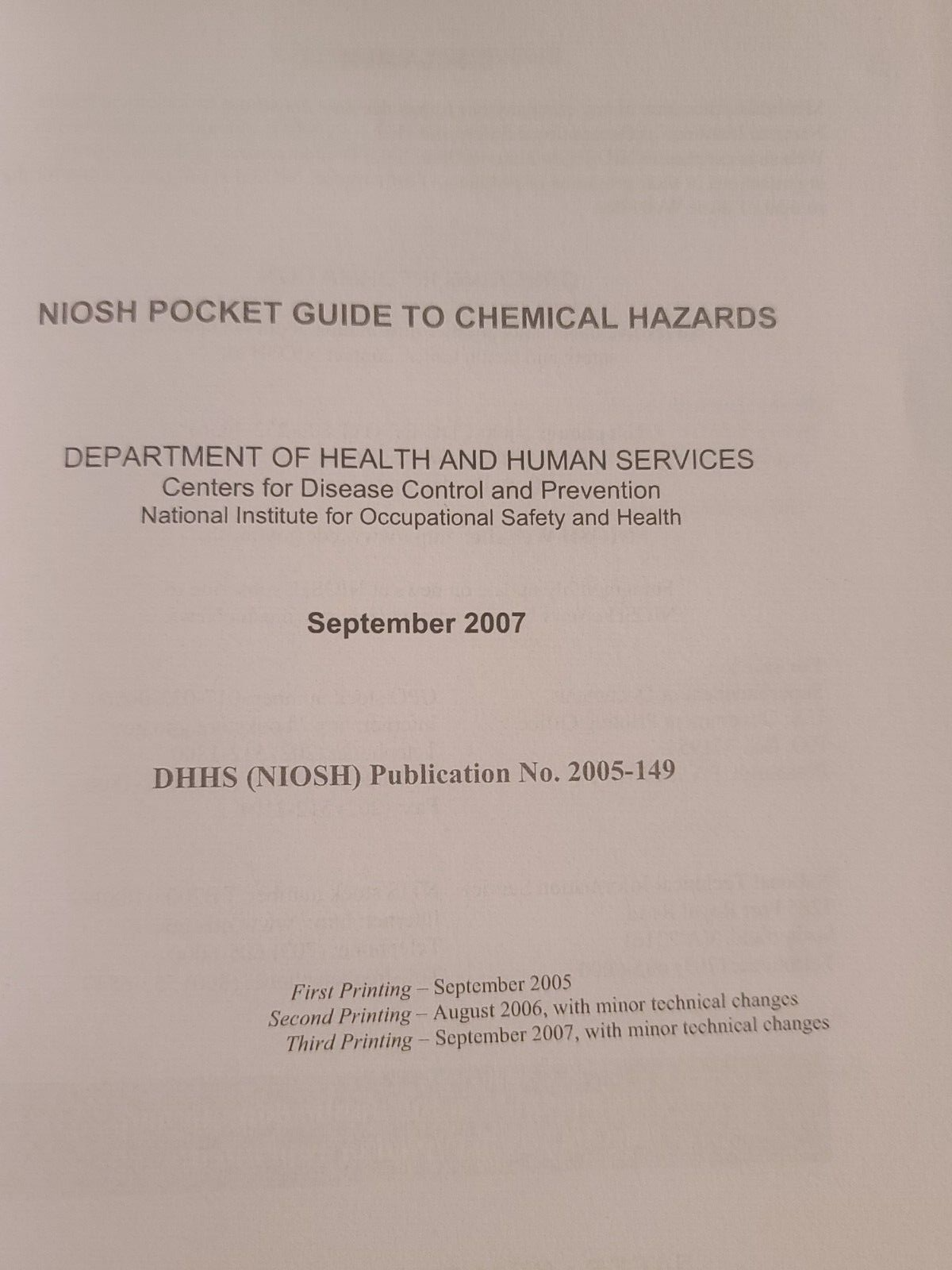 2007 DHHS NIOSH Pocket Guide to Chemical Hazards (Paperback) eBay