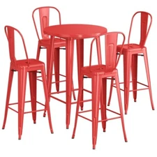 30" Round Red Metal Restaurant Bar Table Set with 4 Cafe Barstool Chairs