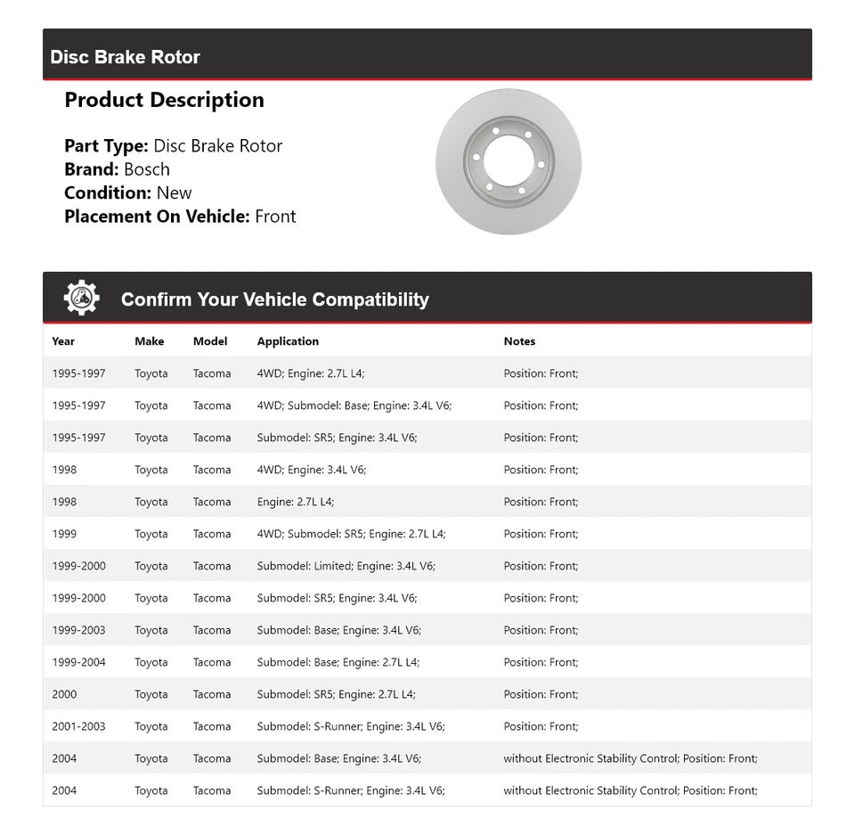 Rotor de freno de disco delantero QuietCast 1996 1997 para Toyota Tacoma Bosch 1995-2004 Foto 2 de 4