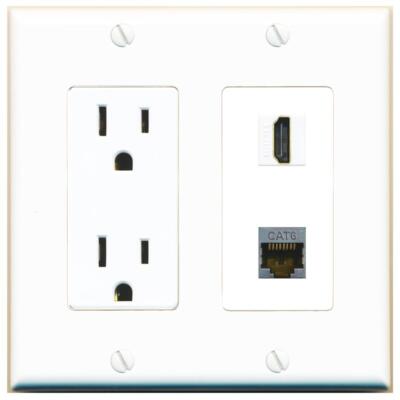RiteAV Power Outlet and CAT6-SHIELDED HD Wall Plate Decorative [White]