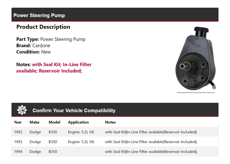 Bomba de dirección asistida Cardone 1993 para Dodge B350 1992-1994 Foto 2 de 4