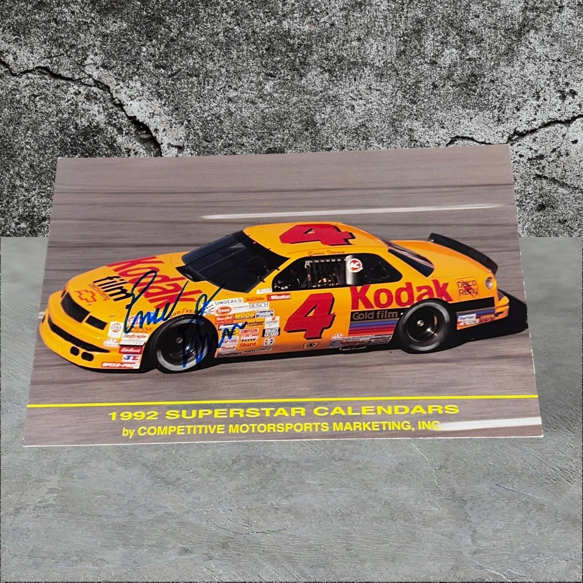 Ernie Irvan 1992 KODAK #4 CHEVY signed 3 1/2 x 5 VINTAGE NASCAR