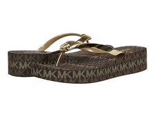 MICHAEL KORS Bedford MK Signature Brown Gold Thongs Wedges Flip Flops US Size 11
