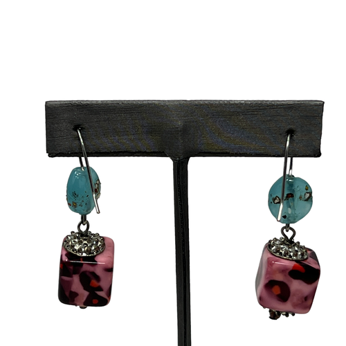 Pierced Earrings Pink Leopard Square Glass Wire Drop Dangle with Blue Stones - Picture 2 of 7