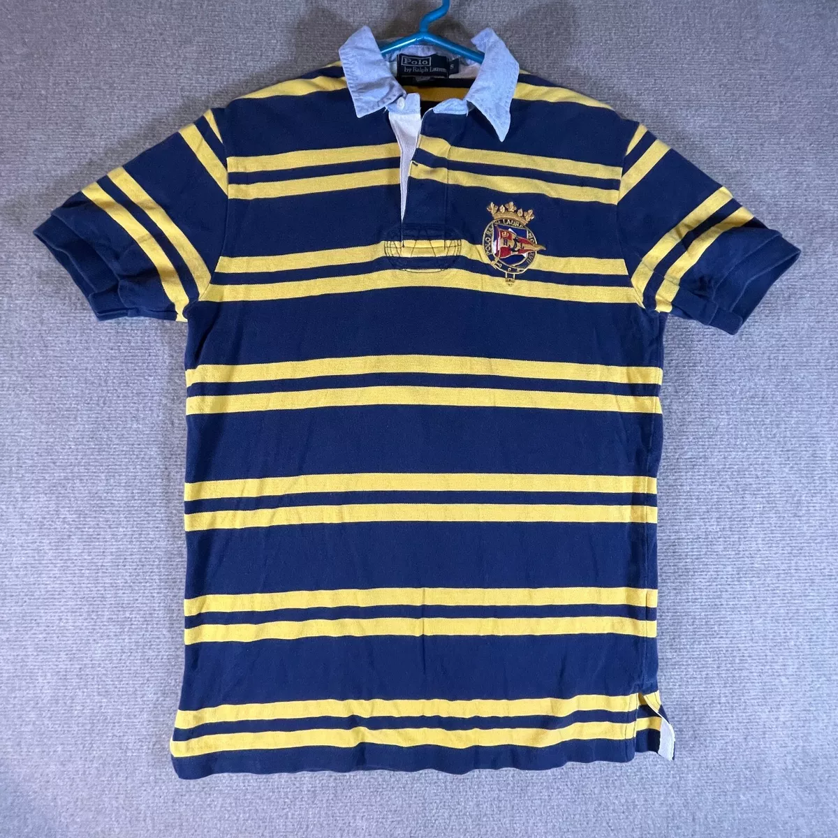 Polo Ralph Lauren Men Sz Small Blue Yellow #5 Striped S/S Rugby Polo Shirt Crest