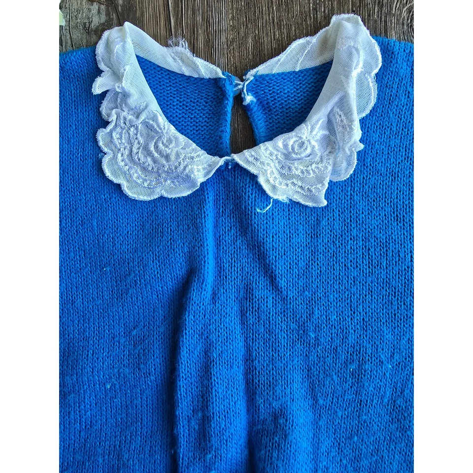 Suéter Vintage J. J. Poole Azul Acrílico Cuello Encaje Hecho en EE. UU. Niñas 4 XS Foto 3 de 4