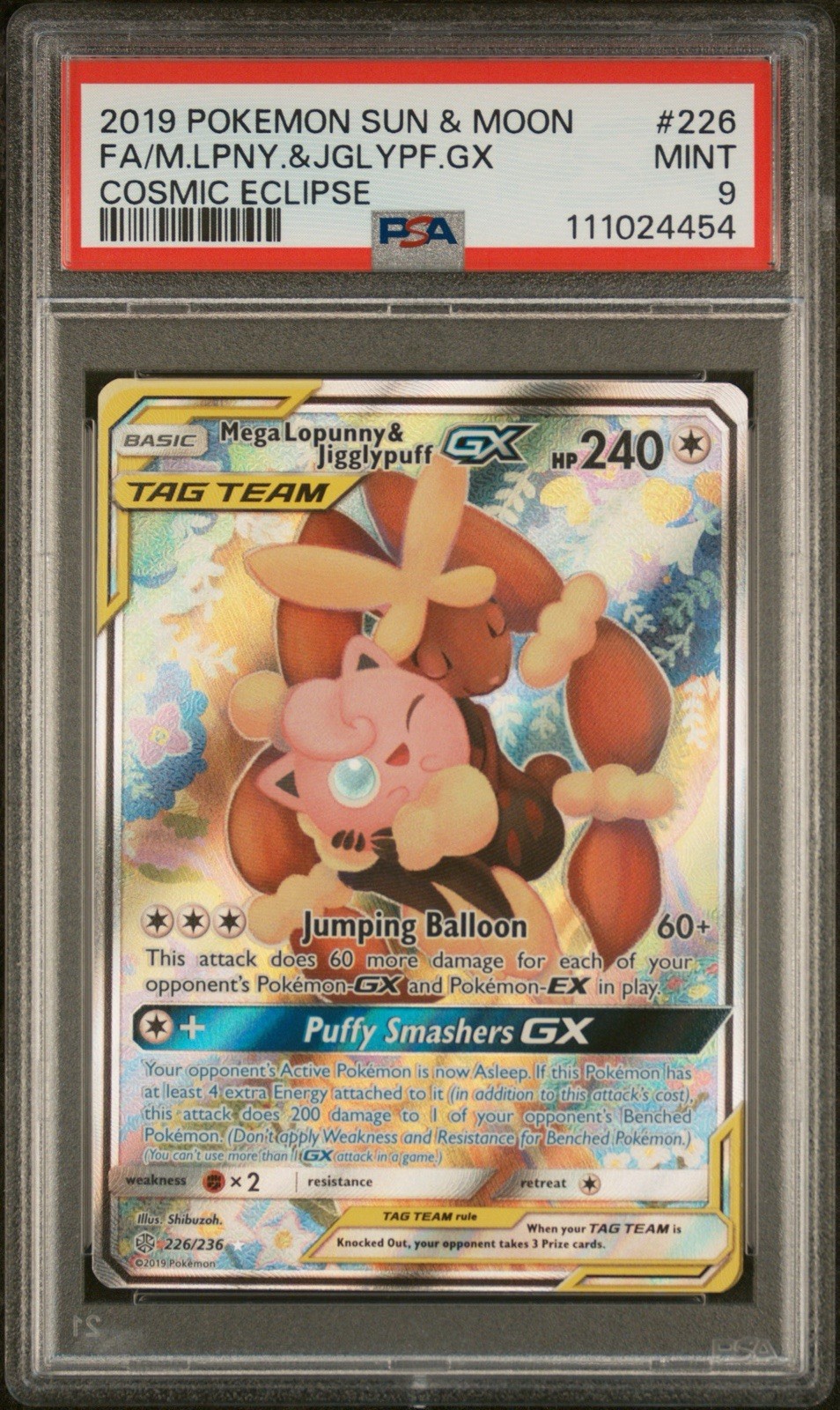 PSA 9 2019 POKEMON COSMIC ECLIPSE MEGA LOPUNNY & JIGGLYPUFF GX 226/236 FULL ART