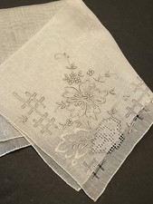 Vintage Madeira Linen Handkerchief Embroidered Floral Bridal Wedding Hankie