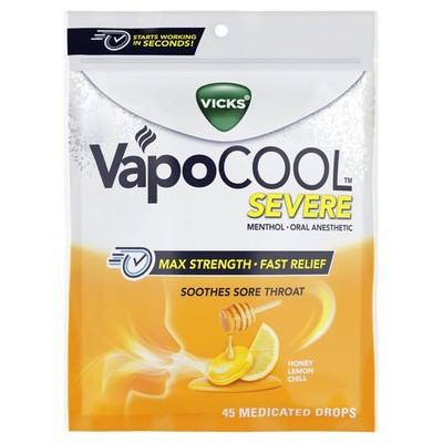 Vicks VapoCool Severe Medicated Sore Throat Drops, Max 45 Count (Pack of 1)