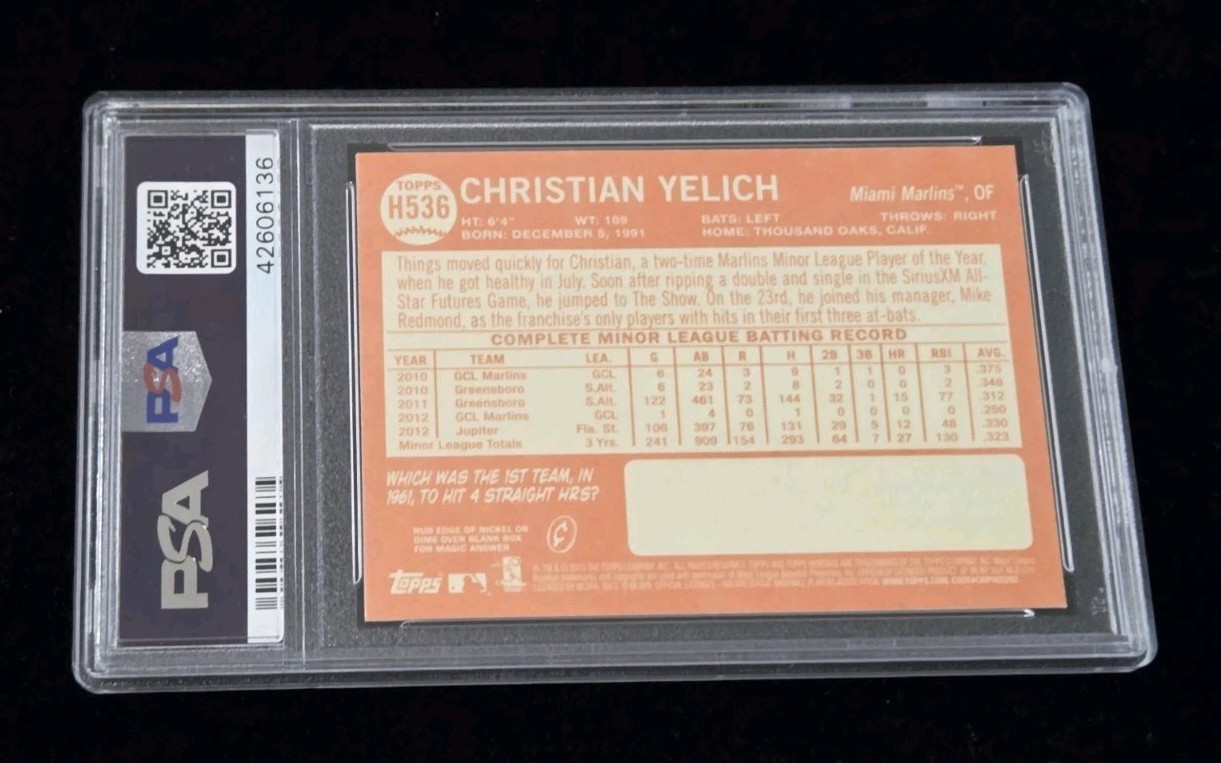 2013 Topps Heritage High Number CHRISTIAN YELICH RC - ROOKIE CARD #H536 - PSA 10 view 3
