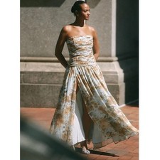 BHLDN Dress Strapless Ruched Chiffon A-Line Maxi in Mint Gold Floral