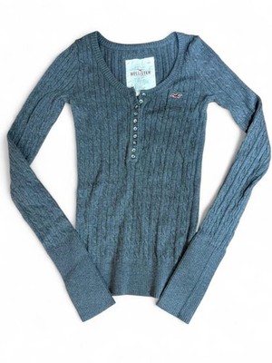 Y2K Hollister Gray Cable Knit Henley Cotton Rabbit Fur Button Sweater Size M