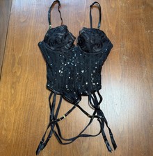 Vintage Victoria  s Secret Black Sequin Lace Bustier Corset 34B Garter Top