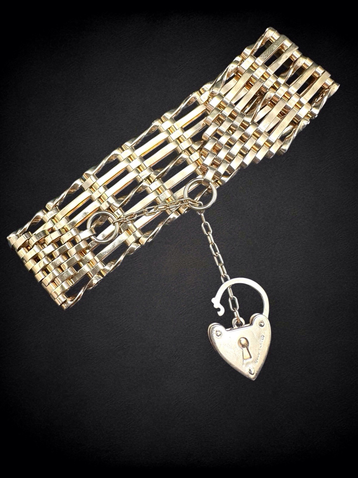 Vintage Gold Plated Gate Link Bracelet Heart Padlock Clasp Victorian Style