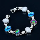 Rainbow Moonstone 925 Silver Plated Bangle/Bracelet 7-8"